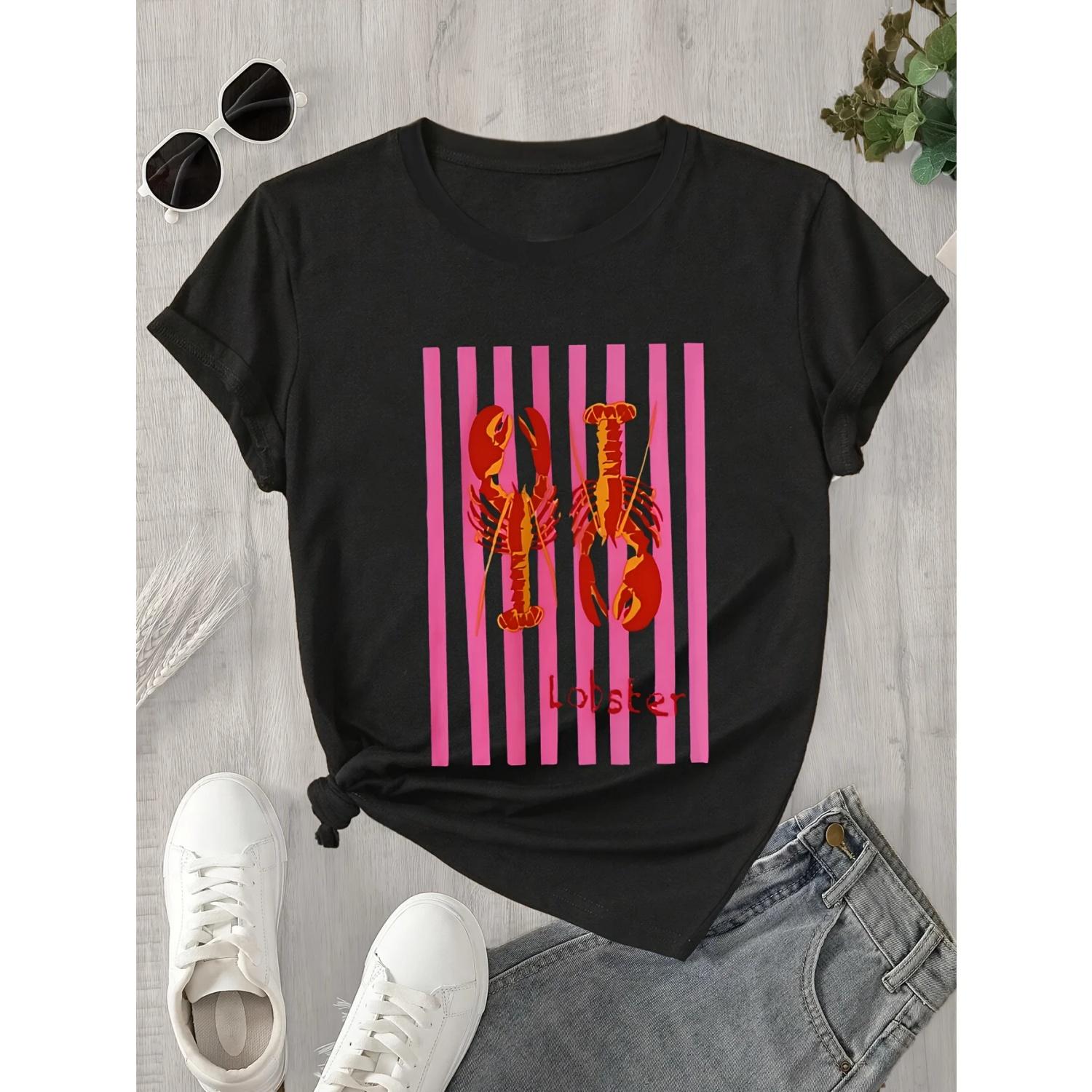 

Graphic White Stripes Spring Summer Everyday Fabric Women s Casual Short Sleeve T-Shirt with Playful Lobster XXXXXL чорний