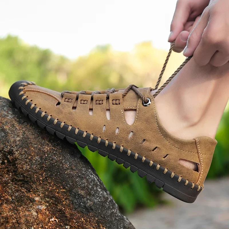 Fashion Summer Men Genuine Leather Sandals 2025 New Business Casual Shoes Men Outdoor Beach Sandals Roman Men Summer Water Shoes Hombre