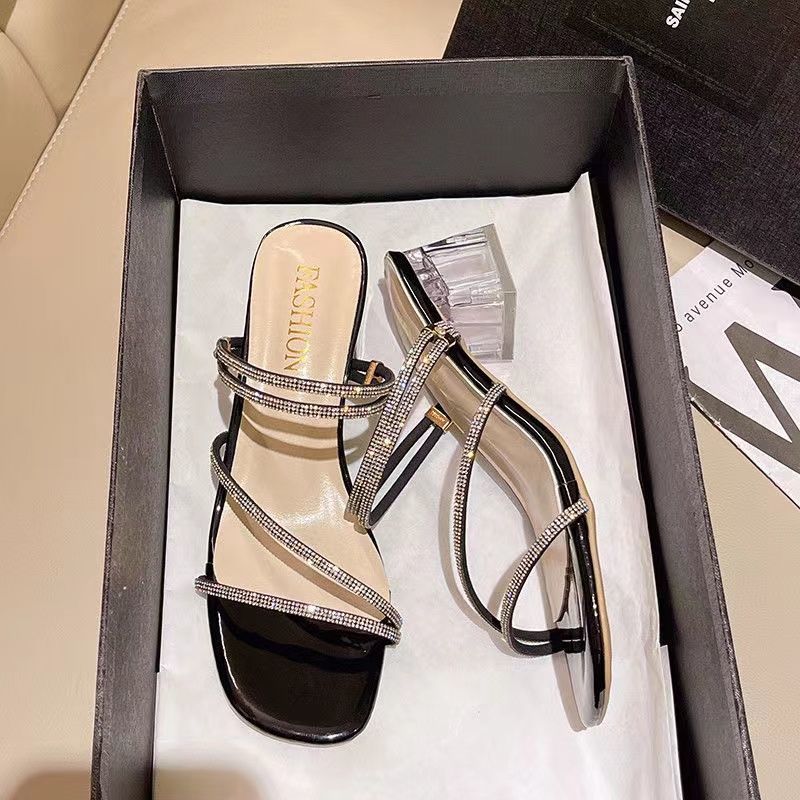 Two wear cool slippers, women's summer wear, new rhinestone crystal thick heel sandals, high heels