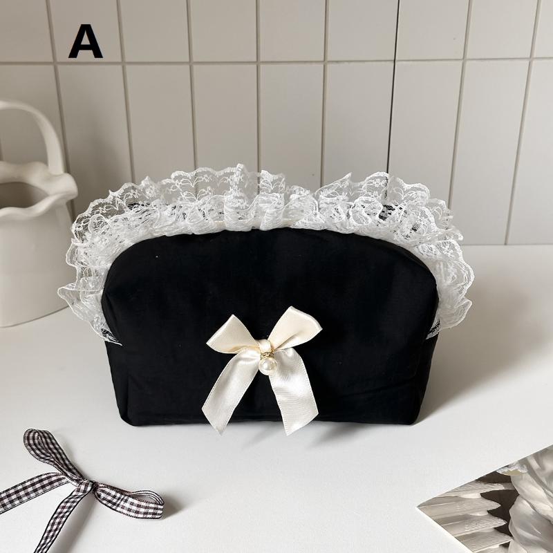 Black Lace Bow Makeup Bag Large Capacity Toiletry Bag Travel Cosmetic Organizer Cute Korean Portable Pouch For Women