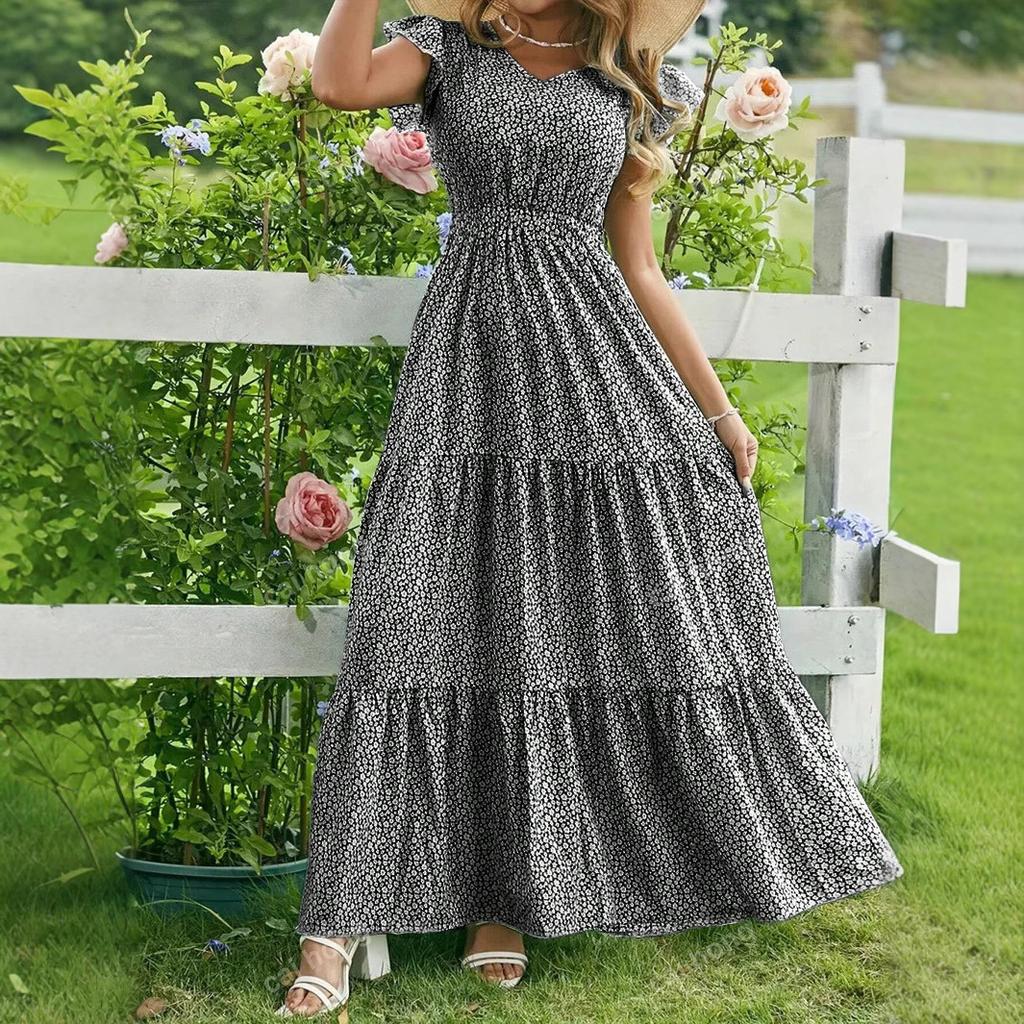 Purple Floral Print Sleeveless Tiered Maxi Dress