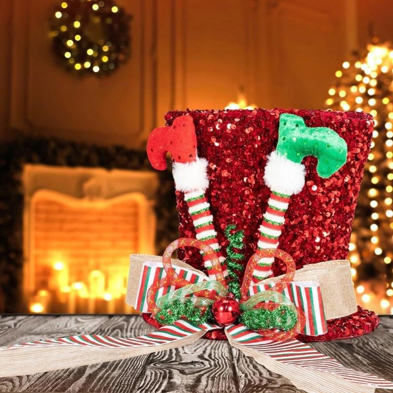 Christmas Tree Toppers Hat Large Christmas Tree Hat with Bows Seasonal Holiday Decorations Tabletop Ornaments for Home