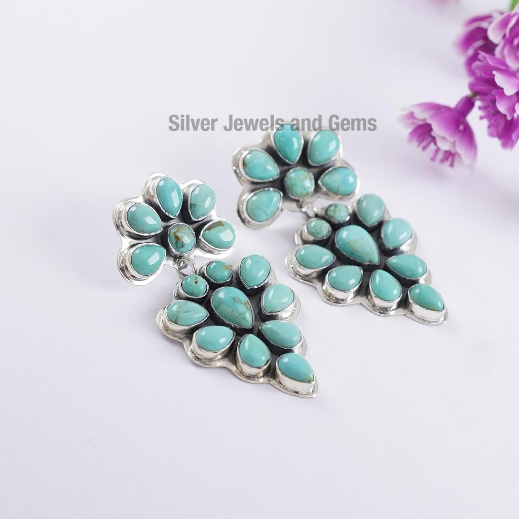 Natural Turquoise Stud Earrings, Long Earrings, 925 Sterling Silver Earrings, Birthday Earring, Multi Stone Earring