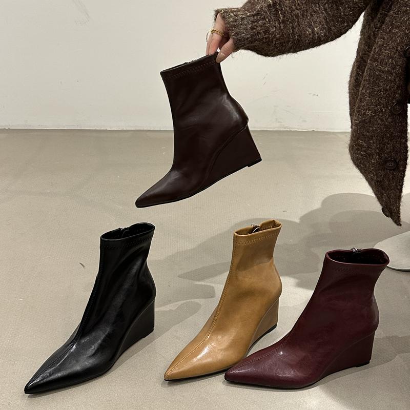 Fashion SUOJIALUN 2025 New Brand Women Short Boots Fashion High Wedge Heel Ladies Elegant Ankle Boots Shoes Outdoor Dress Chelsea Pumps