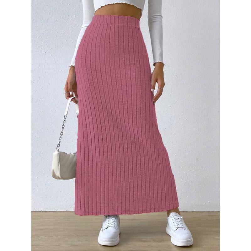 Fashion High Waist Side Slit Slim Knit Midi Skirt For Women
