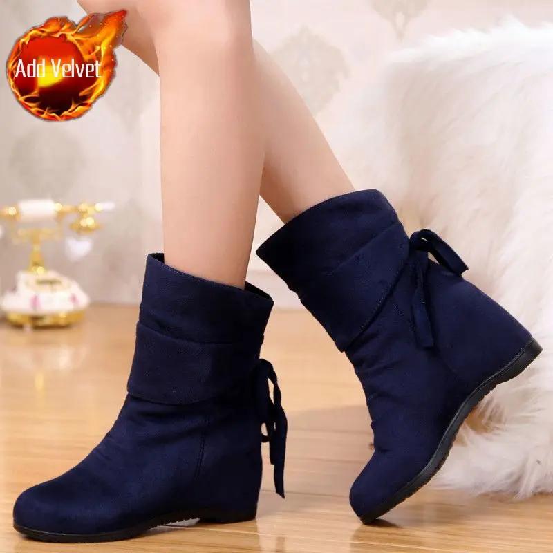 Fashion Wedge Heel Solid Color Round Toe Mid Calf Shoes Woman Sale 2024 New Large Size Warm On Offer Fashion Half High Boots for Women