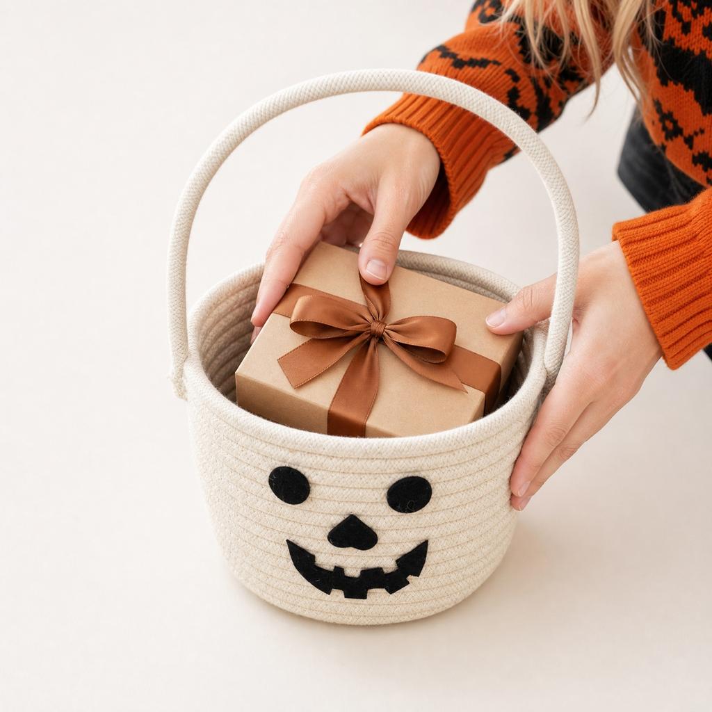 Geflochtener Korb Halloween Kürbis Design Aufbewahrungsbehälter Handgehaltener Organizer für saisonale Dekoration und Aufbewahrung kleiner Gegenstände