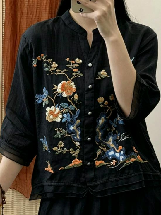 2023 Summer High-End Cotton Linen Frog Button Embroidered Blouse