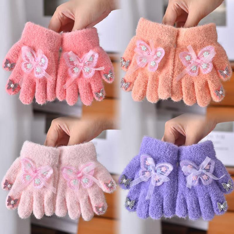 New gloves flower bow full-finger gloves autumn and winter girl finger cute warm thickened cold-proof granular velvet