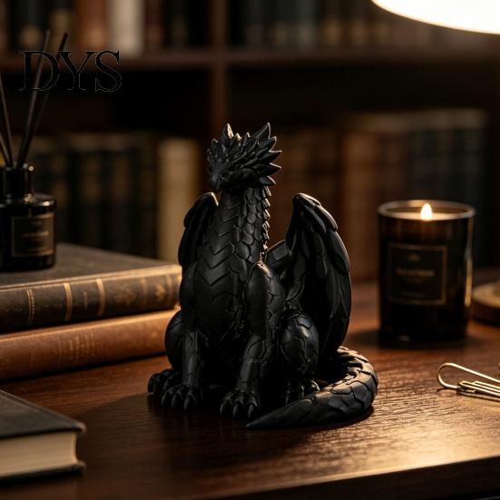 Modern Balcony Decoration 3D Printed Sitting Black Dragon Statue, Fantasy Western Figurine, Small Desktop Art Pieces Gothic Decor Ornament for