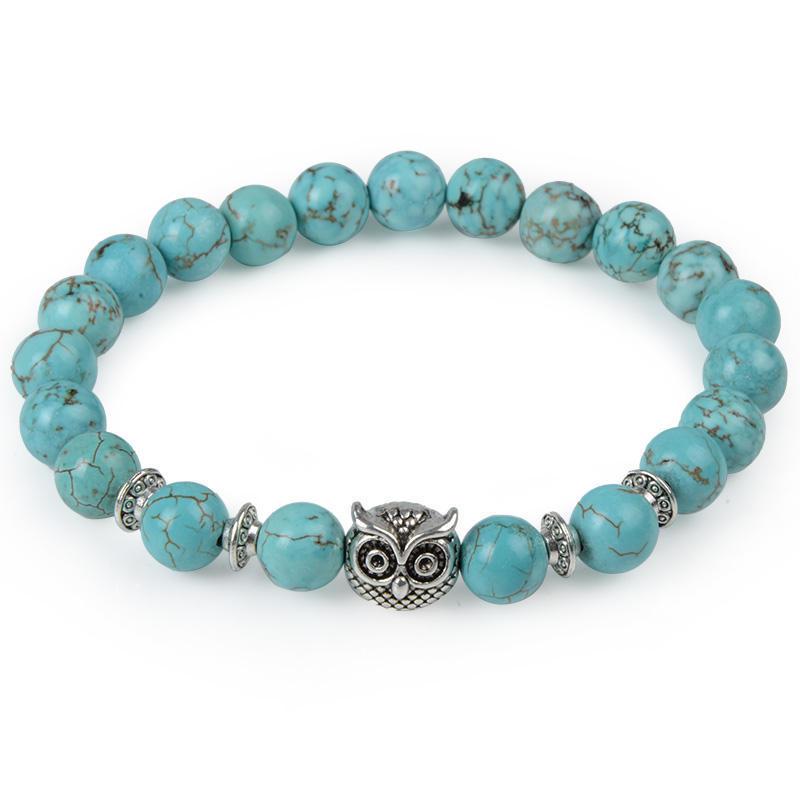 Cross-Border Owl Charm Beaded Bracelet with Lapis Lazuli, Agate, Volcanic Stone, and Blue Turquoise