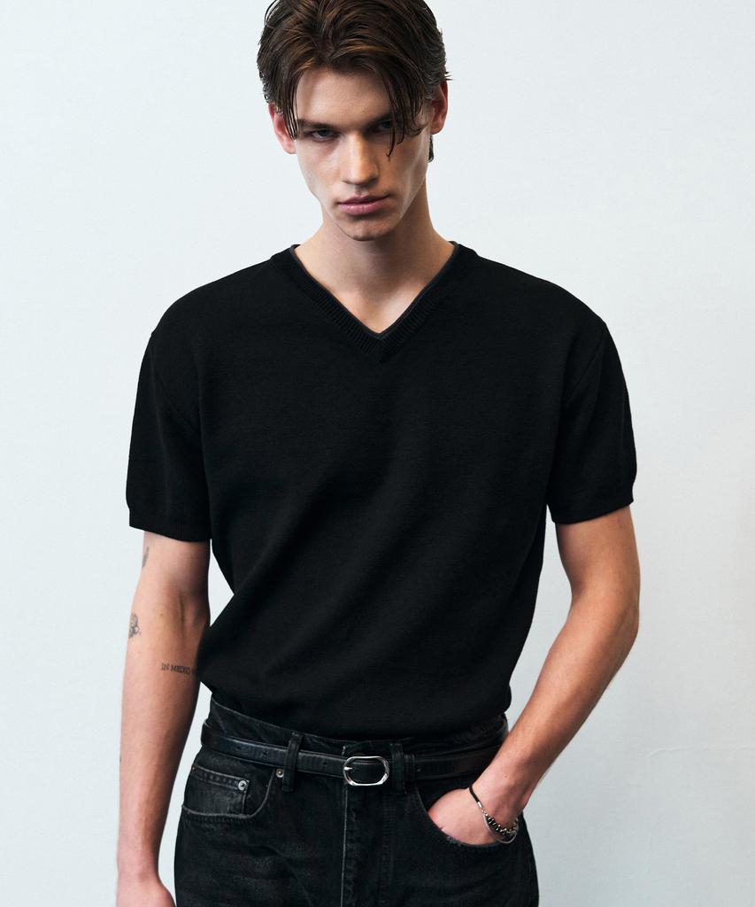 Beulleieo Core Cotton Layered V-Neck Half Knit [Black]