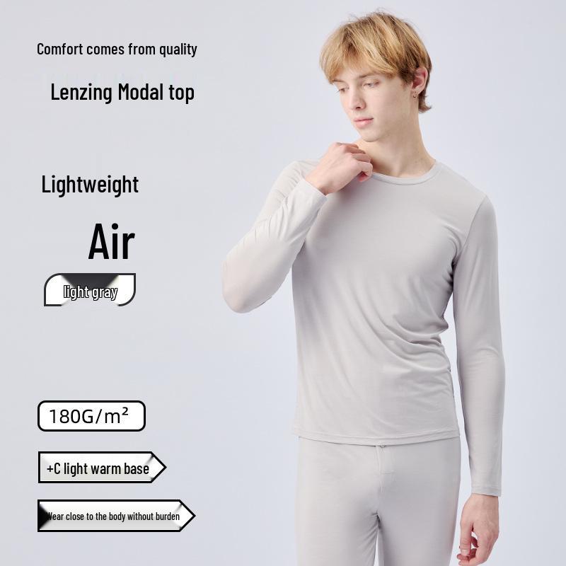 Men's Modal Thermal Set: Thin Base Layer with Round Neck Top & Trousers for Autumn/Winter