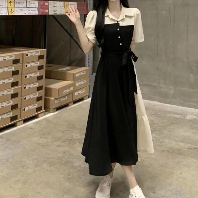 Large size contrasting color splicing fake two-piece shirt dress women's summer new waist and thin dress