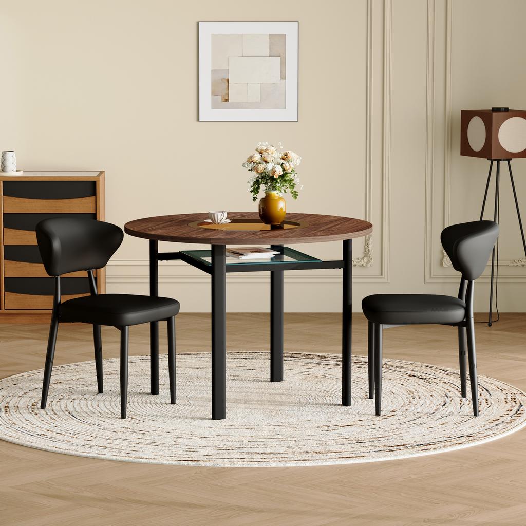 Modern Minimalist Round Table Set (2 Black PU Armchairs, Curved Backrest), 100 Cm Diameter Table In Wood Look. For Dining Room & Kitchen.