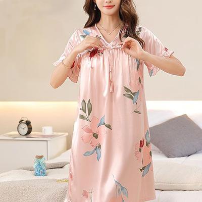 Seidenpyjamakleid für Damen mit Brustpolster aus einem Stück, kurzärmlig, große Größe, Eisseide, langer Rock aus Seide