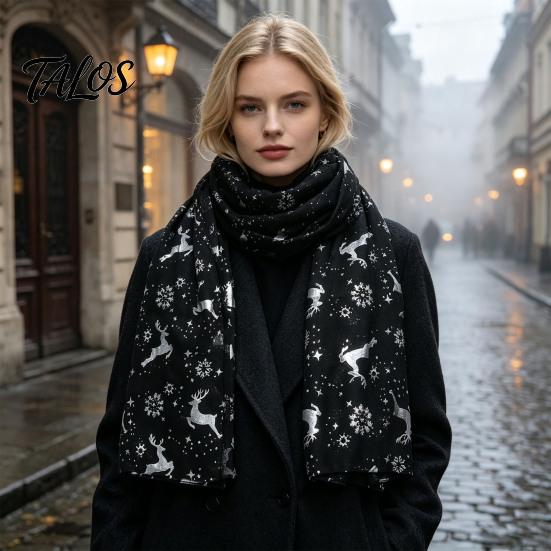 Holiday Elk Snowflake Wrap Christmas Theme Scarf for Women, Glitter Sparkly Foil Reindeer Warm Winter Gift Her Print Scarves, Lightweight Soft