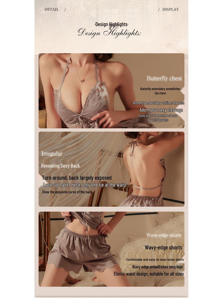 Yi Yue Pure Desire Butterfly Camisole Pajama Set with Chest Pads - Erotic Women's Nightgown Lingerie