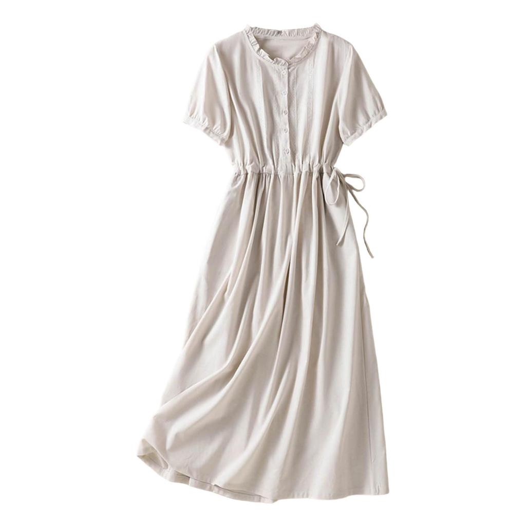 Women Casual Linen Cotton Dress Short Sleeve Shirt Dress with Button Front Waist Drawstring Midi Length Summer Dress