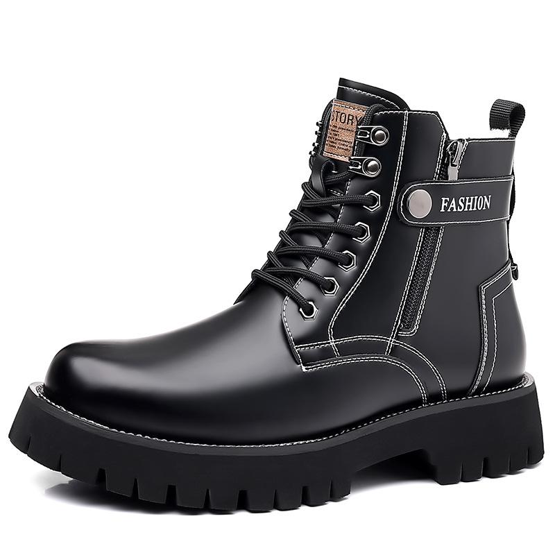 Winter Men'S High Top Boots British Style Chunky Sole Round Toe Plush Lined Leather Boots Non-Slip Warm Comfortable Snow Shoes