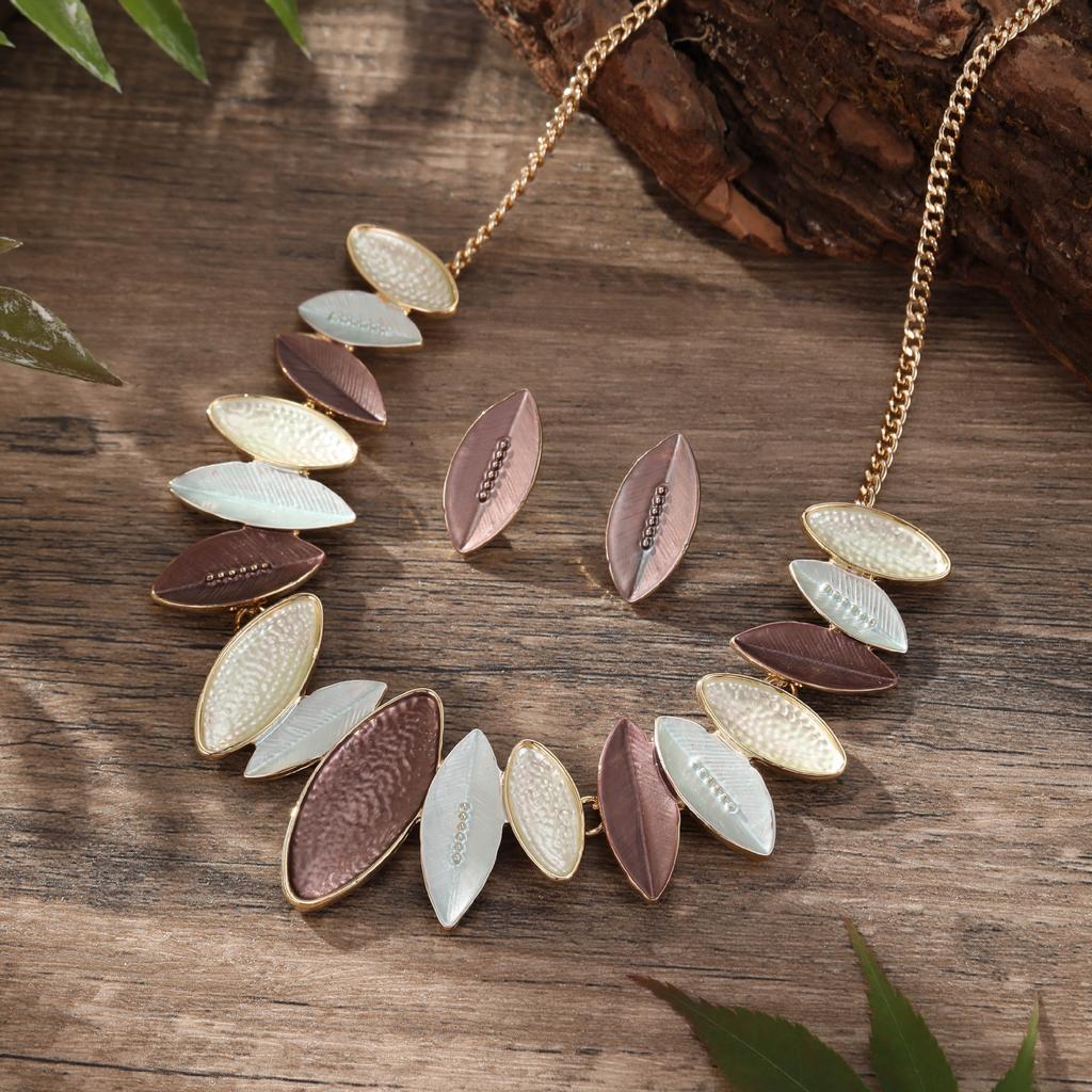 New Color Painting Olive Leaf Stud Earrings Necklace Set, Small Fresh Women's Versatile Neck Chain