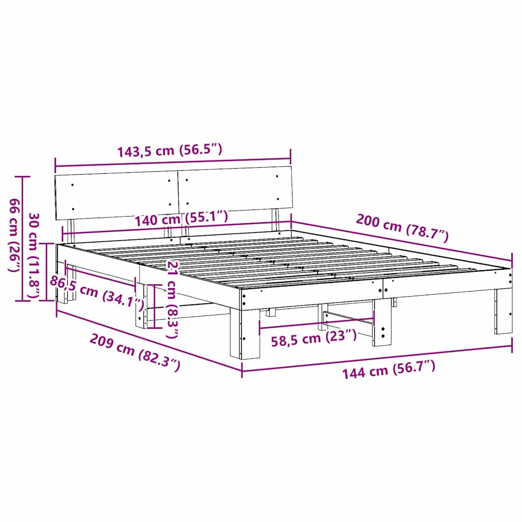 Bed Frame with Headboard White 140 x 200 cm Solid Pine Wood