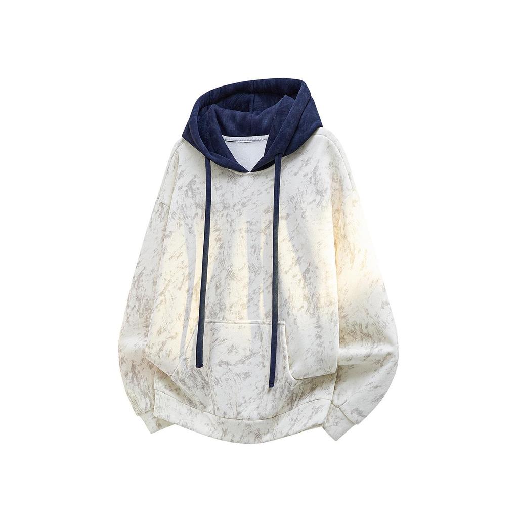 2025 Autumn/Winter Men's Retro Color Block Patchwork Loose Hoodie (Plus Size)