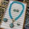 Medieval Retro Turquoise Bee Stud Earrings, Brooch, Court Style Light Luxury Design Double-Layer Necklace