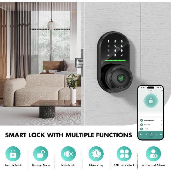 Tastatur Smart Türschloss mit Knauf, Schlüsselloses Eingangstürschloss, Fingerabdruck Türknauf für Haustür, Elektronischer Code, App-Fernsteuerung, Einfach