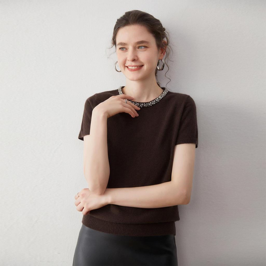 Women's Rhinestone Cashmere Sweater - Short-Sleeved, Skin-Friendly Knit, Round Neck, Perfect for Autumn/Winter.