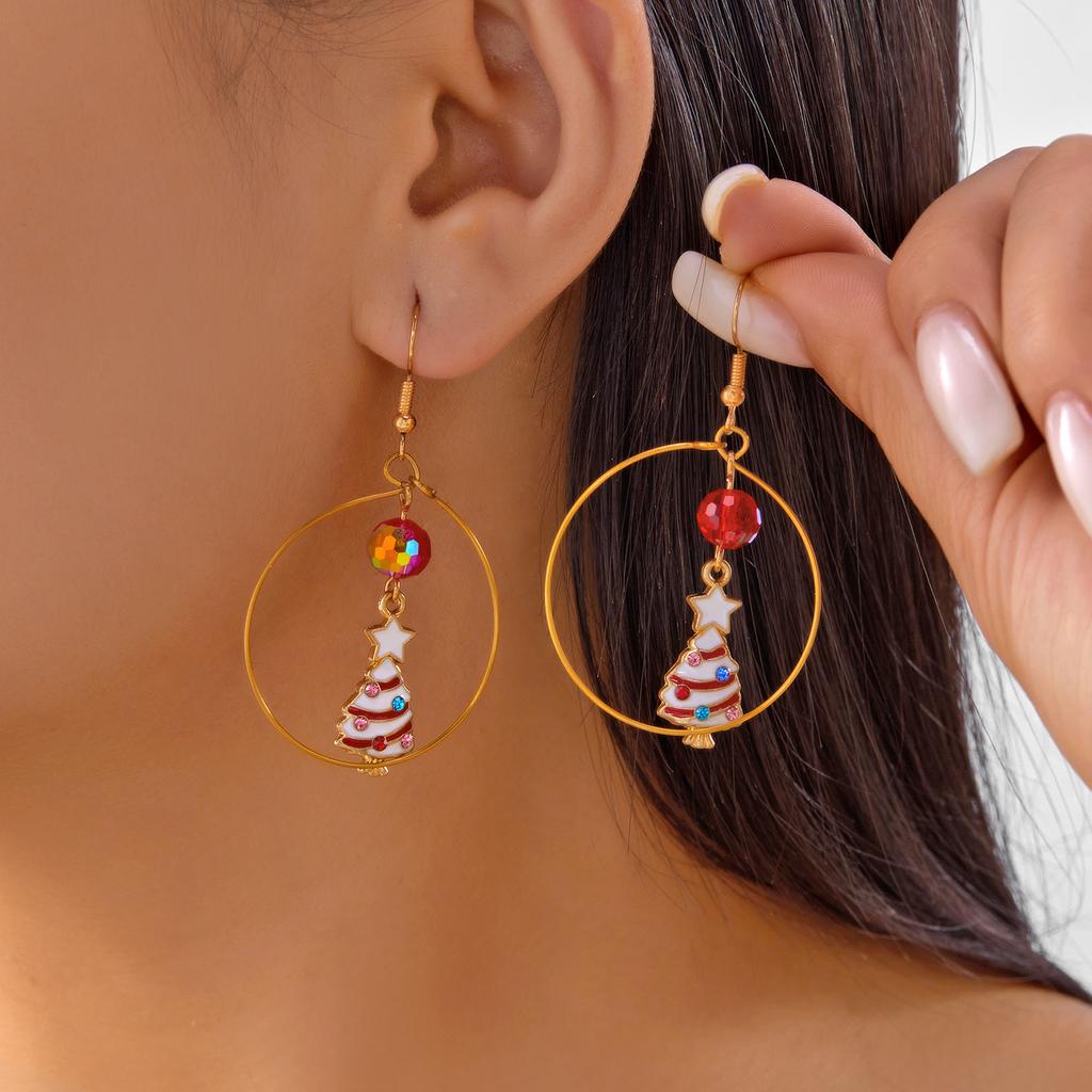 Christmas Crystal Beads Snowman Hoop Earrings For Women Colorful Zircon Xmas Tree Crutch Dangle Earring Holiday New Year Gifts