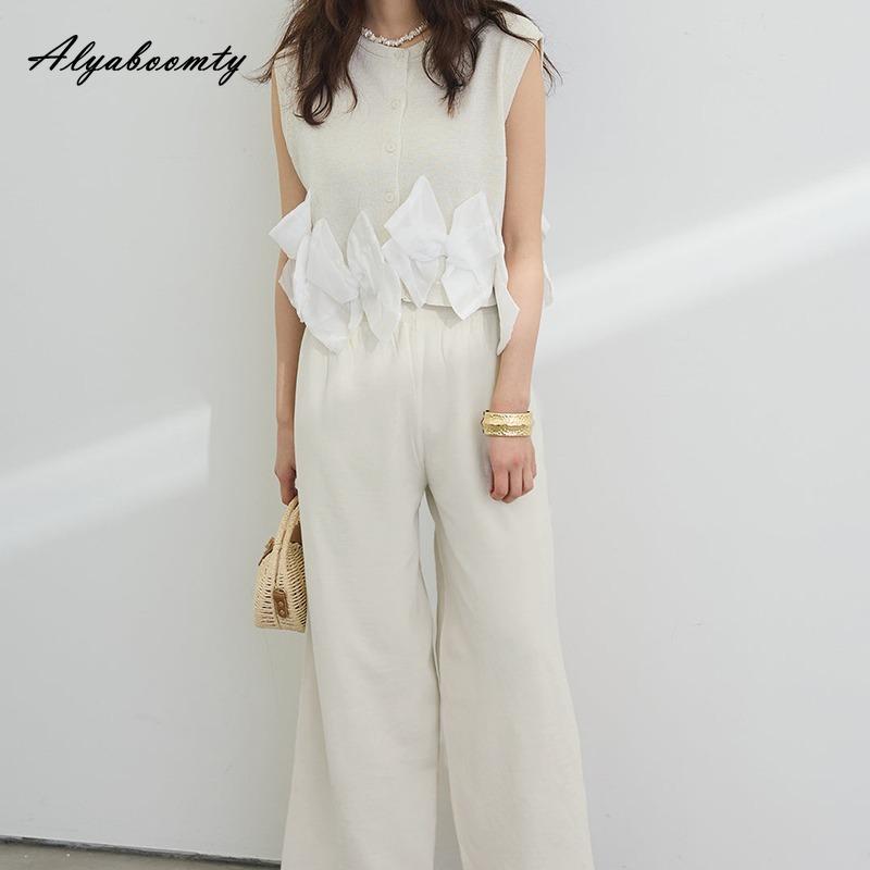 Summer Women Office Lady 2 Pcs Set O Neck Solid/Striped Sleeveless Bow Top+Wide Leg Pants Elegant Feminine Ladies' Suit