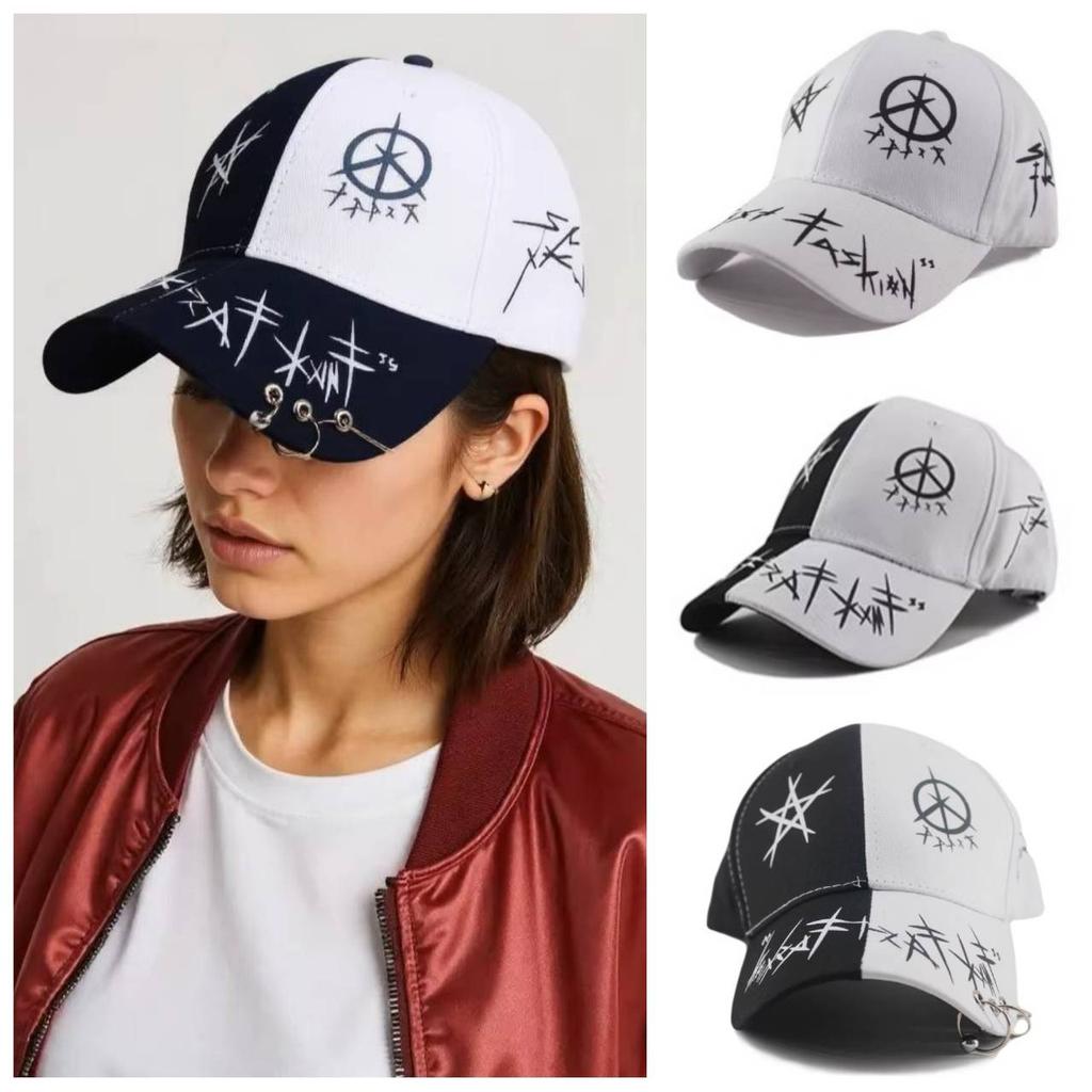 Baseball Cap Hat Grey Black Letter Graffiti Print Iron Ring Spring Summer Autumn Punk Hip hop Rock Adjustable Unisex Men Women Outdoor Casual Cotton