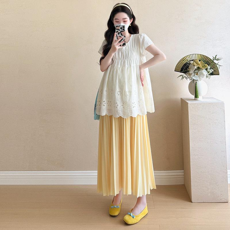 Fashionable Maternity Summer Lace Top & Pleated Skirt Two-Piece Outfit L