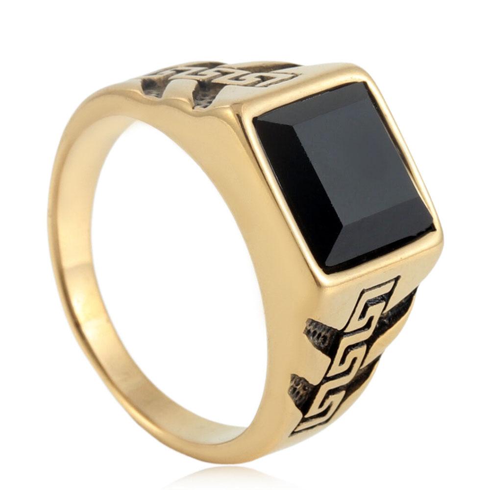 Titanium Steel Black Agate Great Wall Pattern Ring Retro Punk Trend Stainless Steel Black Gem Square Ring 7 золотой