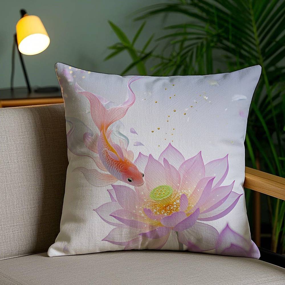 

Auspicious Koi Carp And Lotus Flowers Anime Pillow Case Antidustmite Invisible Zipper Sofa Bed 30x30 cm