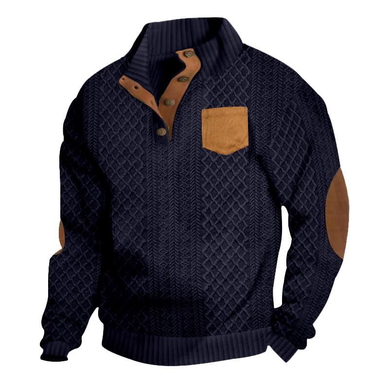 Spring/Autumn Men's Jacquard Knit Textured Pocket Henley Collar Buttoned Patch Long-Sleeved Sweatshirt