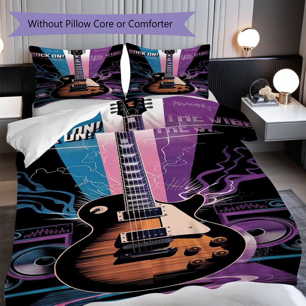 1PC Music, Guitar Theme Bedding Quilt Set Quilt Cover Pillowcase Home Decoration Birthday Gift (1 * Duvet Cover + 2 * Pillowcase, Without Core)