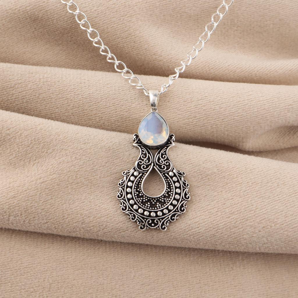 Milky Opal Gemstone 925 Sterling Silver Jewelry Women Wedding Pendant 1.8" For Her CP-45-21