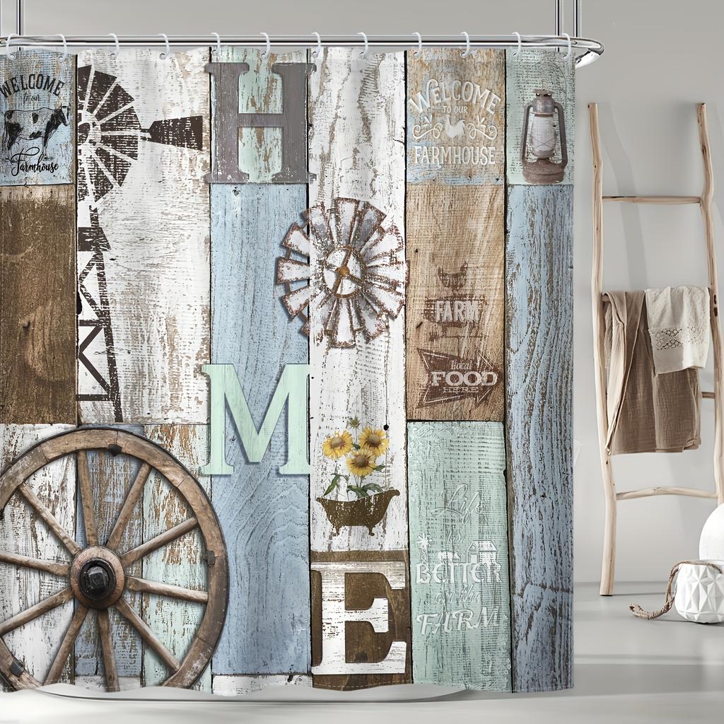 1pc Rustic Wooden Shower Curtain - Vintage Western Farmhouse, Barn Door & Wheel Design, Shabby Chic Sunflower, Bathroom Decor