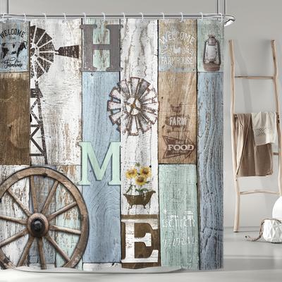 1pc Rustic Wooden Shower Curtain - Vintage Western Farmhouse, Barn Door & Wheel Design, Shabby Chic Sunflower, Bathroom Decor