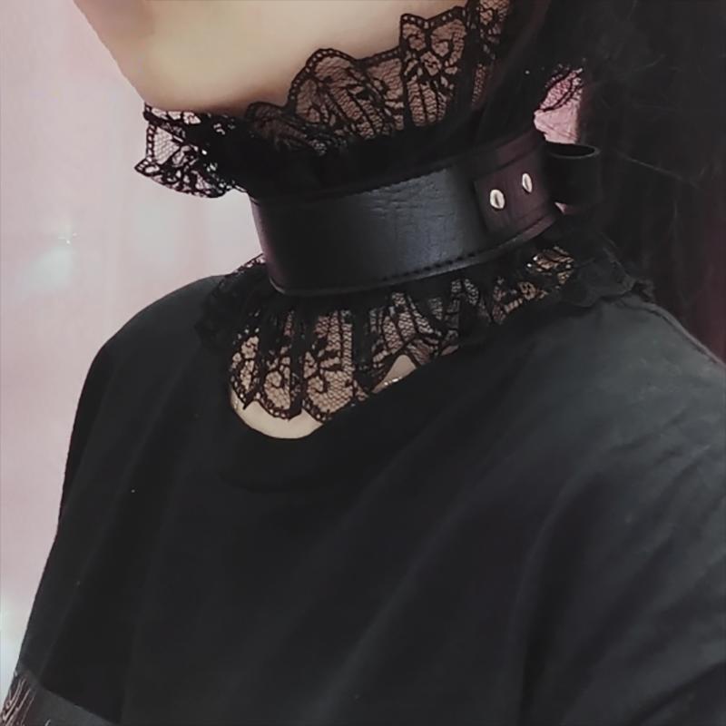 Black Pu Leather Edwardian Neck Chocker Sexy Black Lace Leather Lolita Choker Halloween Costume Gothic Dark Princess Collar