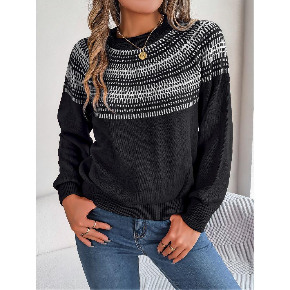 Autumn and Winter Retro Pop Style Contrast Striped Long-sleeved Pullover Sweater