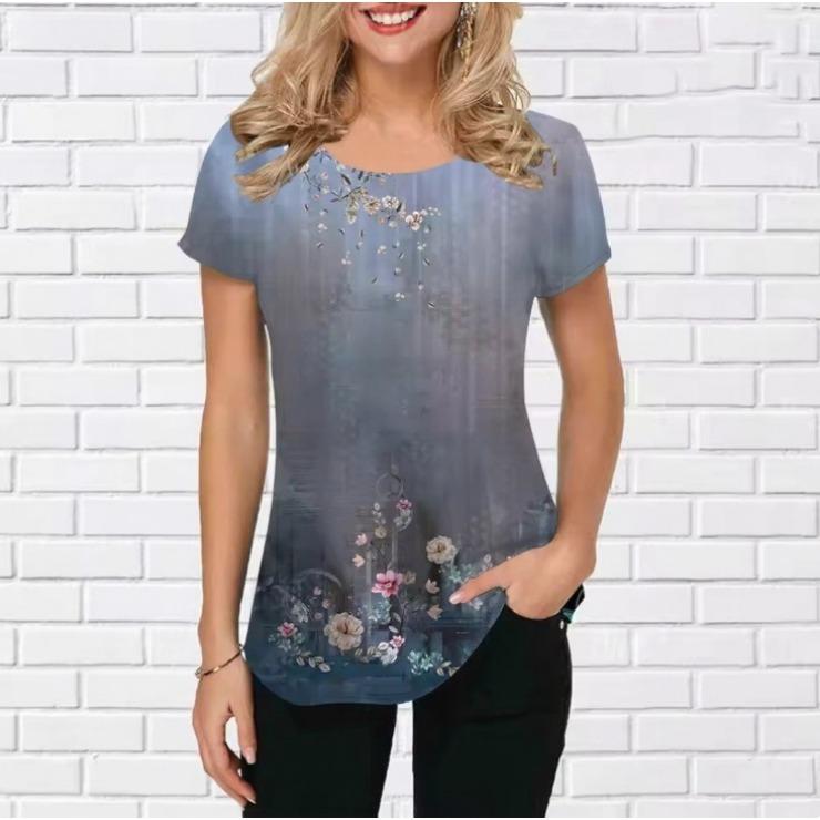 Summer Round Neck 3D Retro Floral pattern Print Top Fashionable Casual Short Sleeved Women's T-shirts