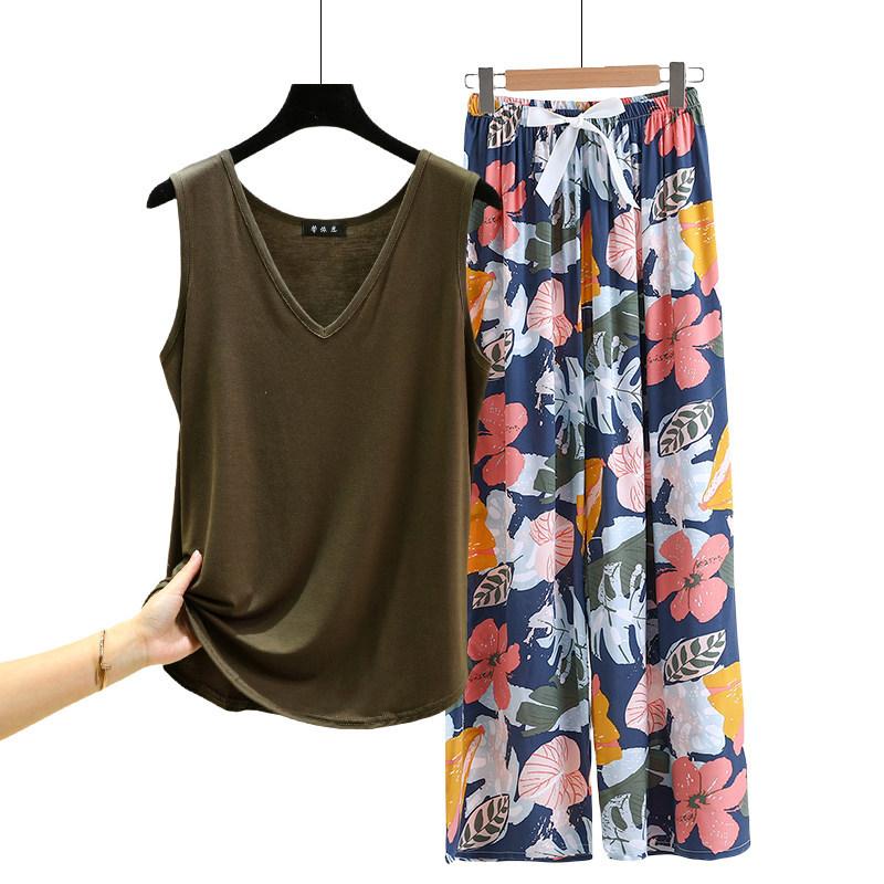 Lockere Modal-Pyjama-Sets Sommer V-Ausschnitt Tanktop und Florale Weite Hosen Lässiger Hausanzug ärmellos Loungewear Übergröße