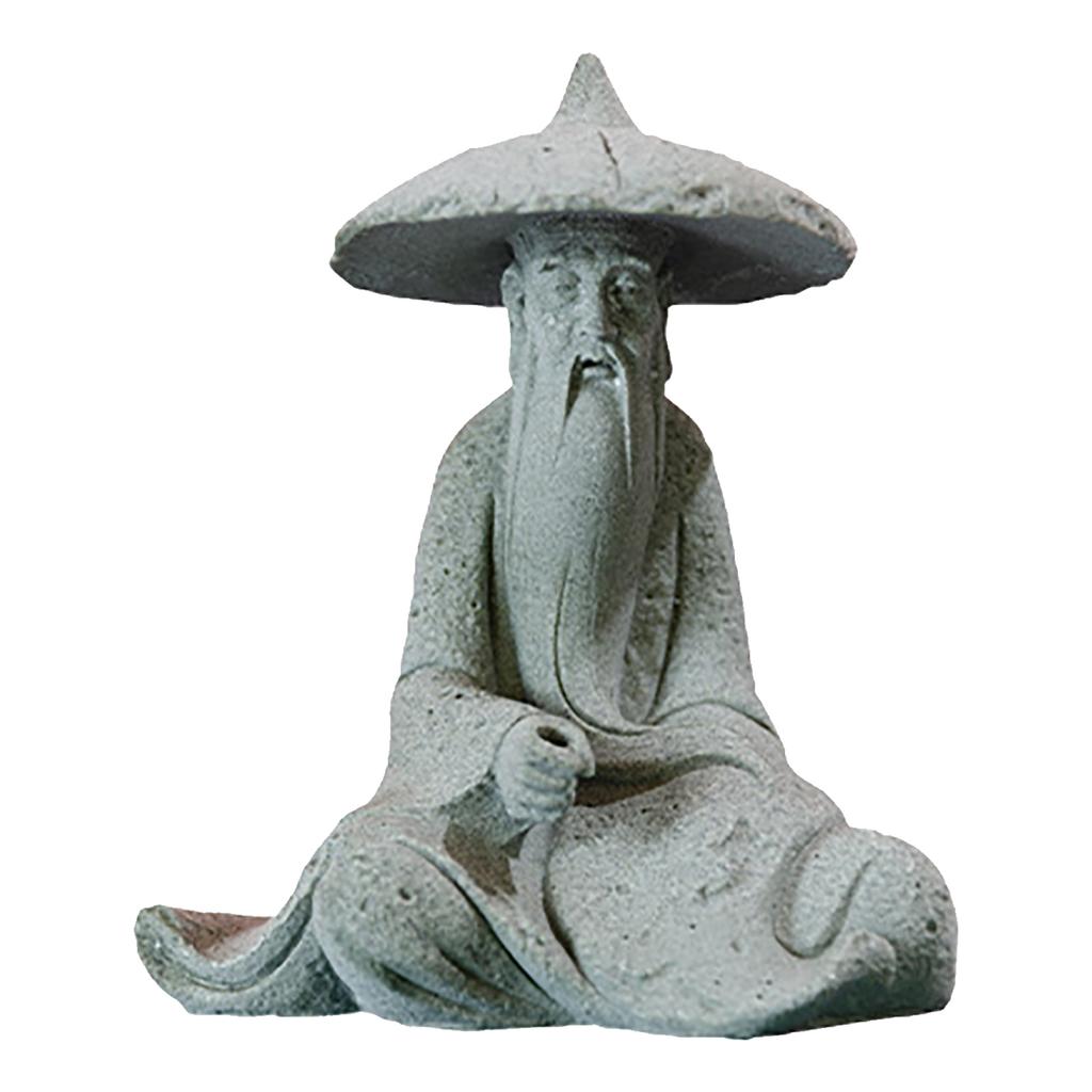 Mini Fisherman Statue Aquarium Sitting Fishing Figurine Asian Zen Decoration Sandstone Vintage