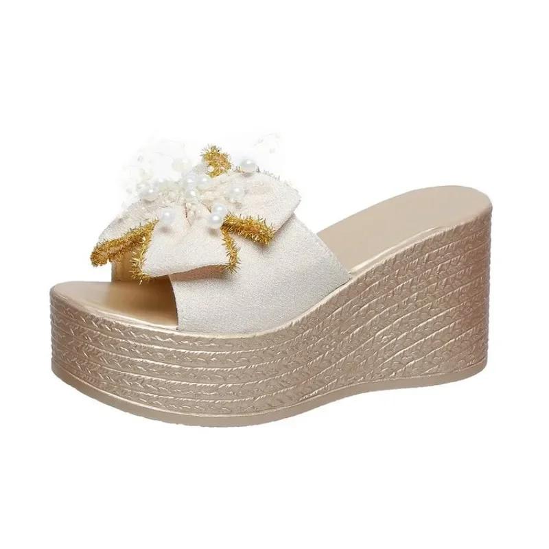 Damesko Lansering Nye Sommerslippers for Damer Miksfarge Sløyfe Perle Åpen Tå Høy Hæl Slippers