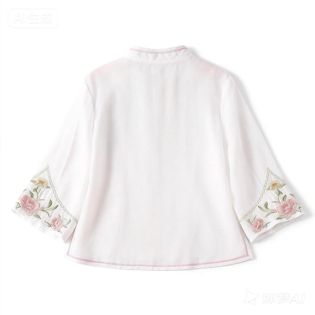 Women's Vintage Inspired Loose Fit Embroidered Mandarin Collar Button Front Cotton Linen Blouse With Three Quarter Sleeves