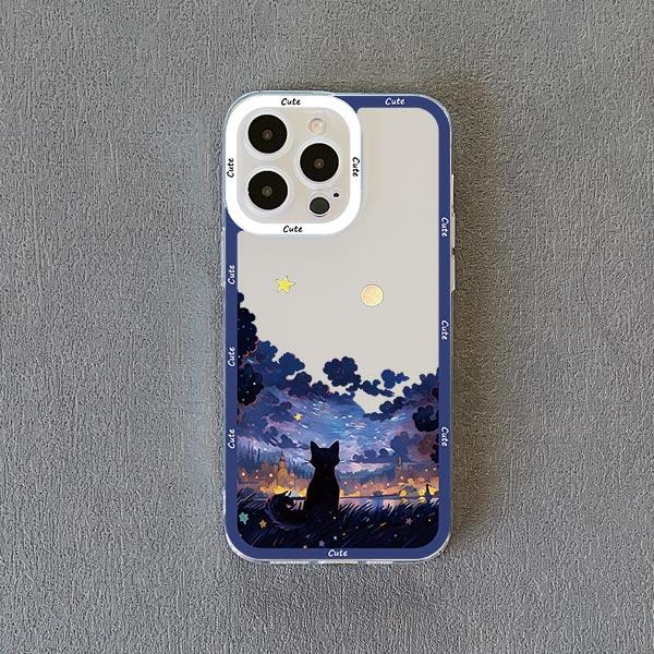 Coque de téléphone Chat Ciel Étoilé pour iPhone 13 12 Pro Max 15 14 Pro Max Plus 11 XR XS X 8 7 Plus SE 2020 Coque Arrière Souple Transparente Fundas