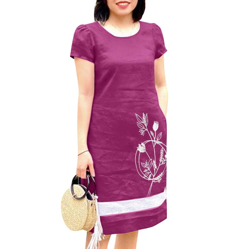 

ZANZEA Женское повседневное платье с круглым вырезом и коротким рукавом с цветочной вышивкой M ярко-розовый